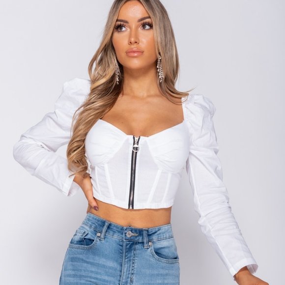 Tops - LAST 1! White Long Puff Sleeve Bustier Crop Top